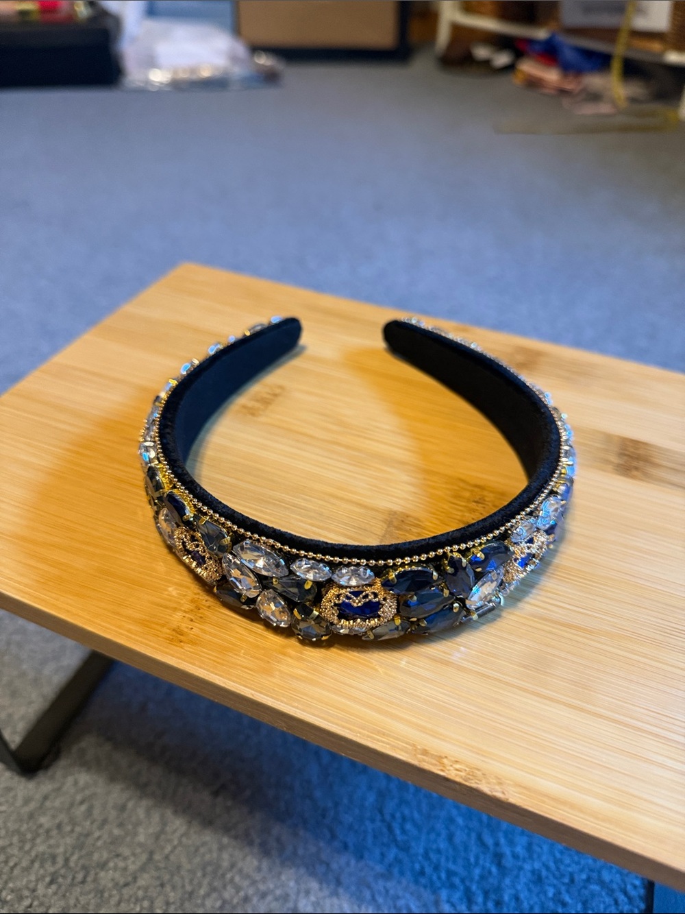 Embellished Black Headband with Blue and Clear Gem Accents
